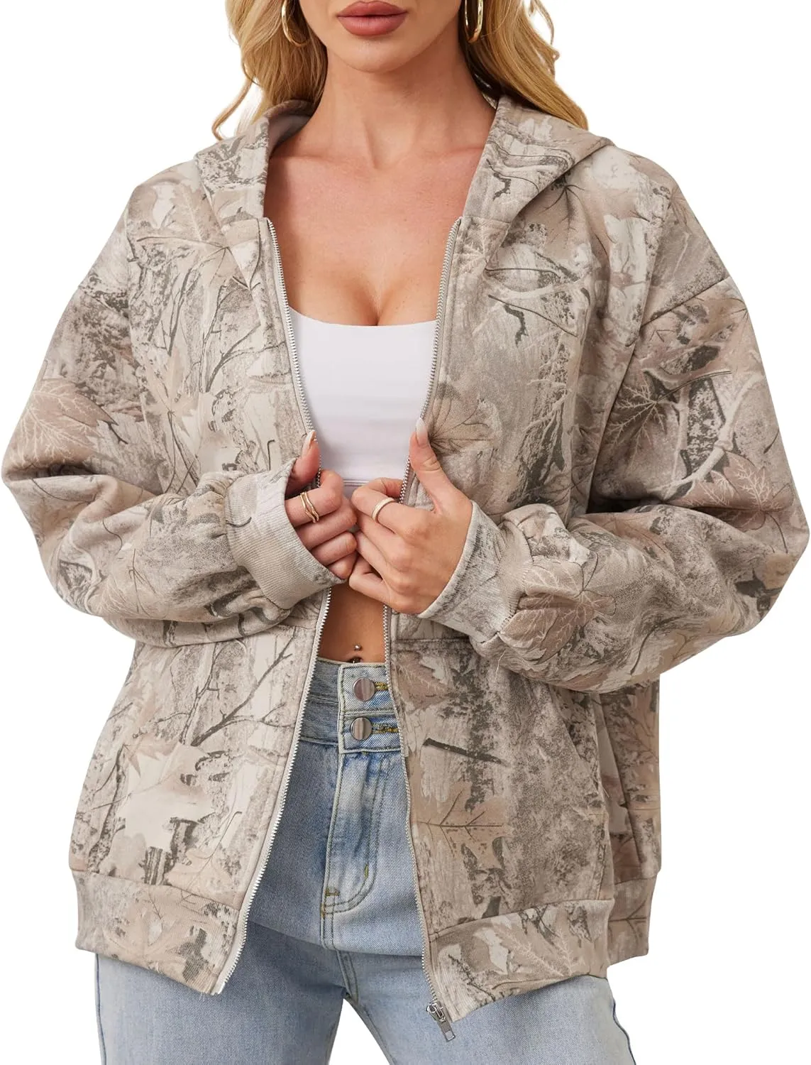 Womens Camo Zip Up Hoodie Long Sleeve Maple Leaf Print Oversized Hooded Jacket Fleece Full Zip Sweatshirt with Pockets