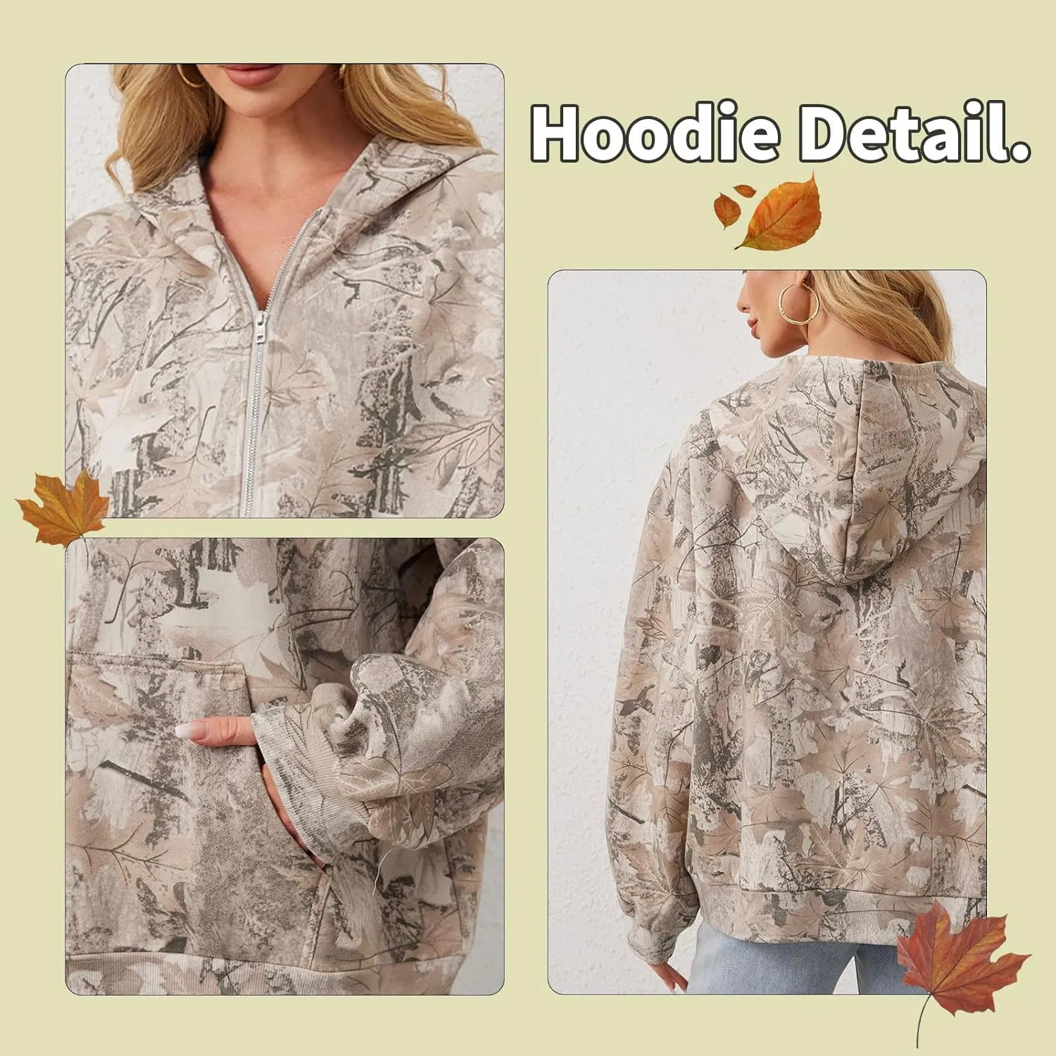 Womens Camo Zip Up Hoodie Long Sleeve Maple Leaf Print Oversized Hooded Jacket Fleece Full Zip Sweatshirt with Pockets