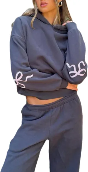 Women's Casual Bow Print Hoodie Y2K Oversized Sweatshirt Long Sleeve Drop Shoulder Pullover Tops