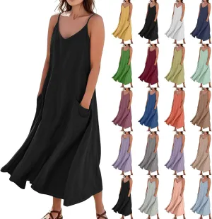 Women's Casual Cotton Linen Boho Sundress Spaghetti Strap Flowy Maxi Dresses Summer A Line Beach Dress with Pockets