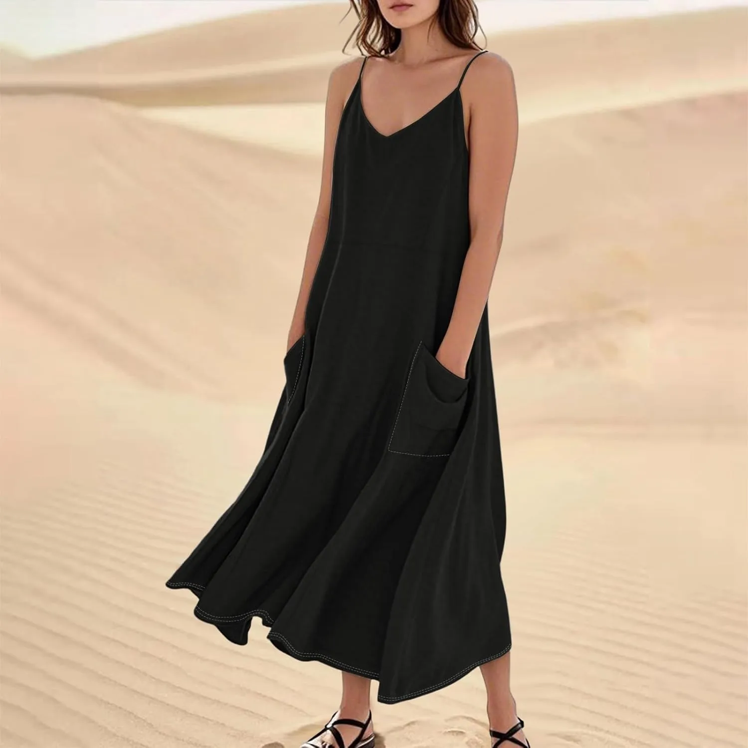 Women's Casual Cotton Linen Boho Sundress Spaghetti Strap Flowy Maxi Dresses Summer A Line Beach Dress with Pockets