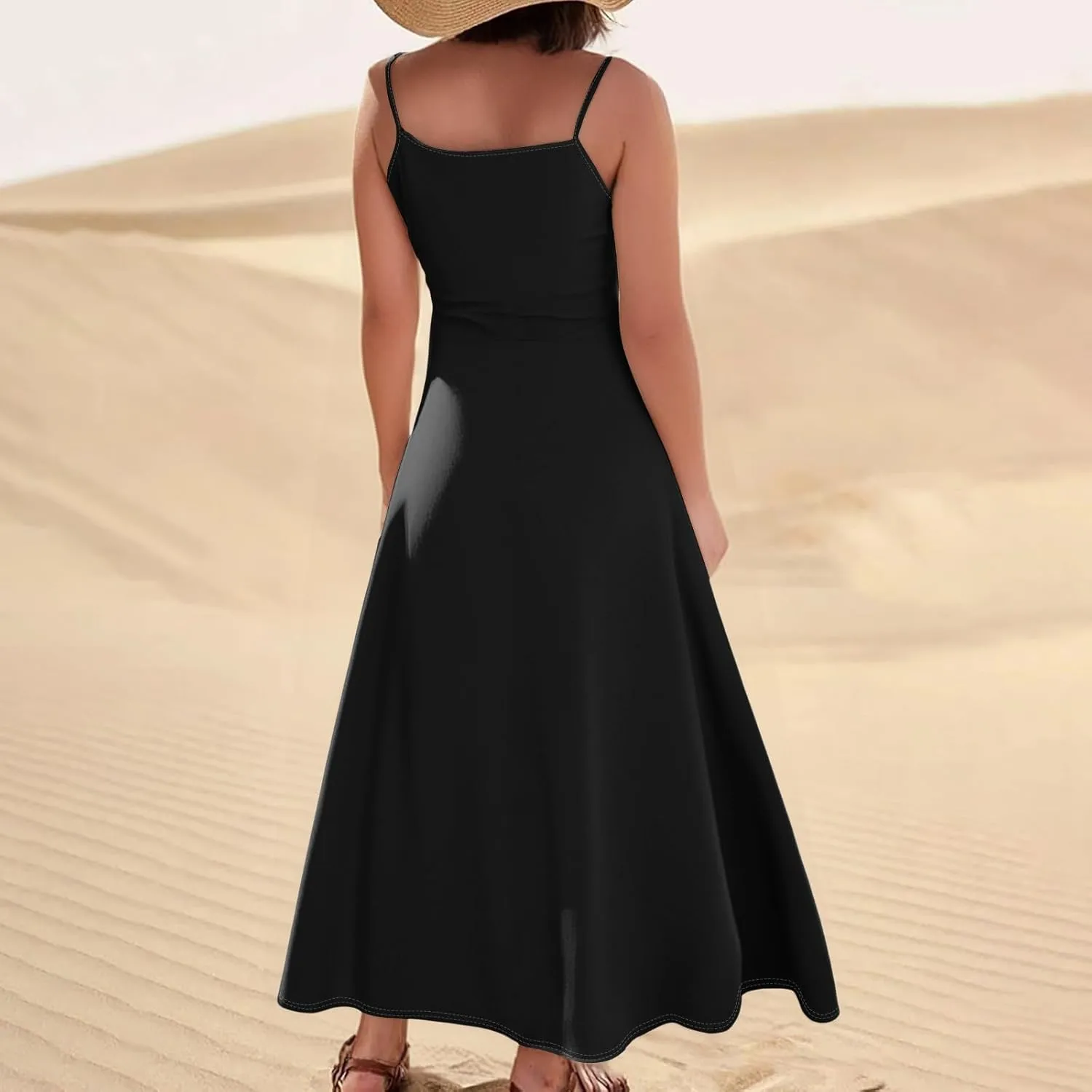 Women's Casual Cotton Linen Boho Sundress Spaghetti Strap Flowy Maxi Dresses Summer A Line Beach Dress with Pockets