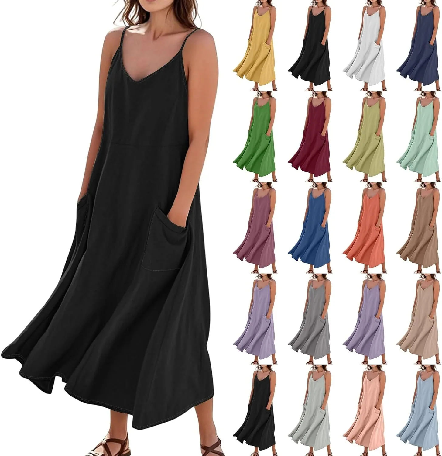 Women's Casual Cotton Linen Boho Sundress Spaghetti Strap Flowy Maxi Dresses Summer A Line Beach Dress with Pockets