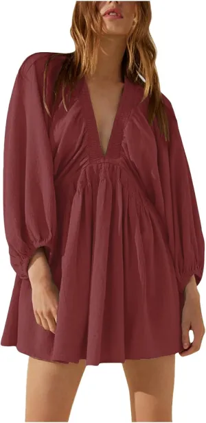 Women's Casual Deep V Neck Long Sleeve Smocked High Waist Ruffle A Line Mini Dresses Trendy Flowy Swing Pleated Dress