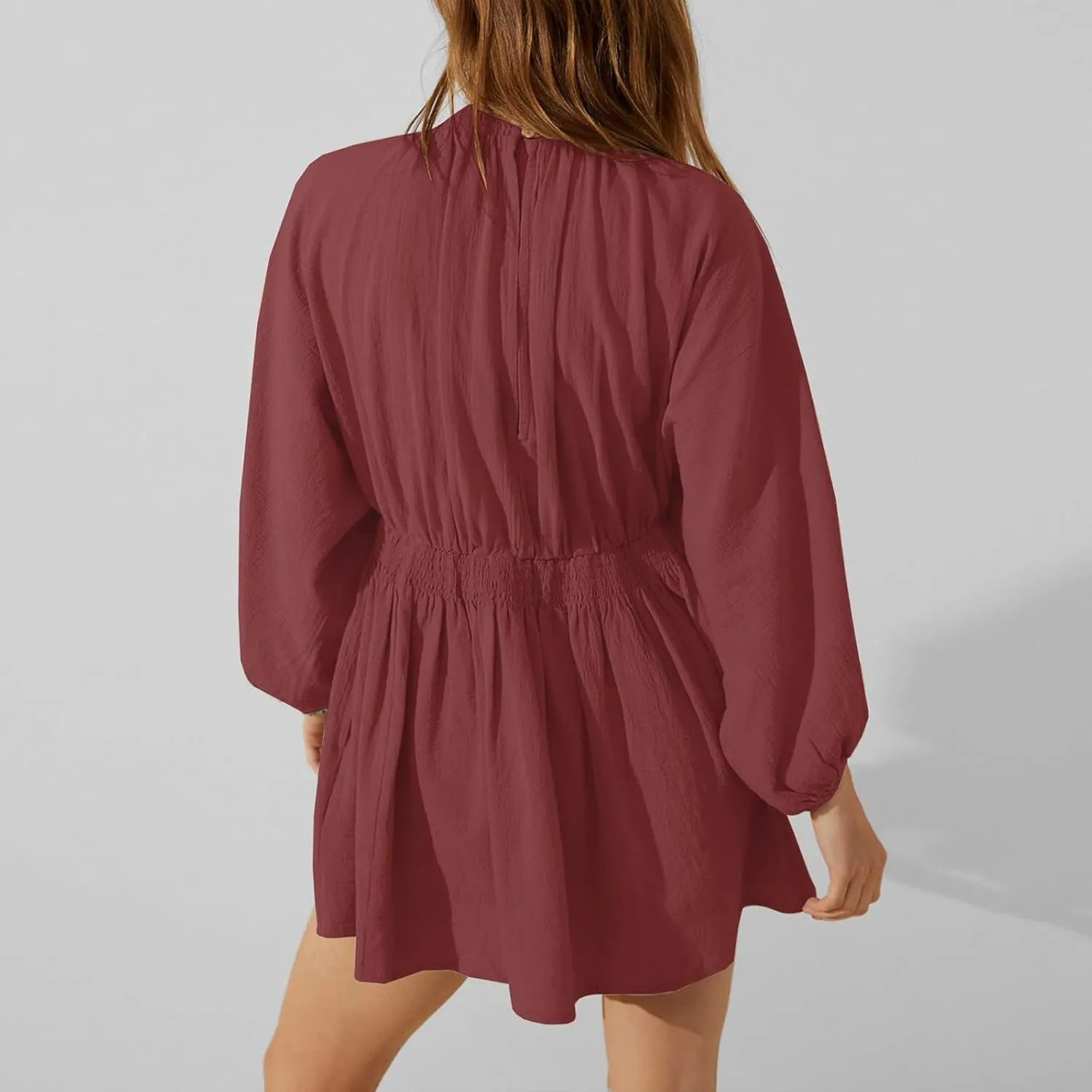 Women's Casual Deep V Neck Long Sleeve Smocked High Waist Ruffle A Line Mini Dresses Trendy Flowy Swing Pleated Dress
