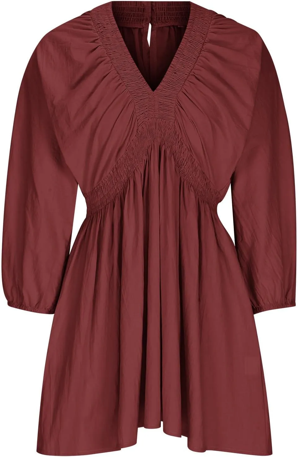 Women's Casual Deep V Neck Long Sleeve Smocked High Waist Ruffle A Line Mini Dresses Trendy Flowy Swing Pleated Dress