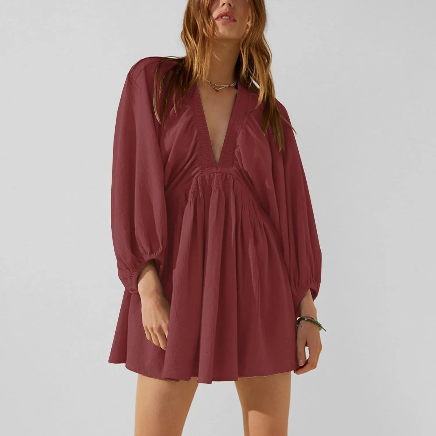 Women's Casual Deep V Neck Long Sleeve Smocked High Waist Ruffle A Line Mini Dresses Trendy Flowy Swing Pleated Dress