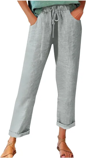 Womens Casual Linen High Waist Pants Drawstring Loose Fit Summer Beach Travel Cropped Trousers with Side Pockets