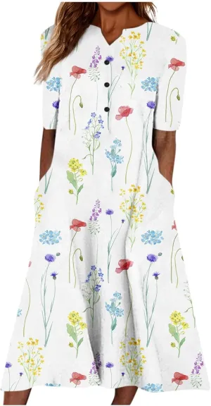 Womens Casual Printed Dresses V Neck Fashion Short Sleeve 2025 Sexy Swing Summer Dressy Daily Party Dress