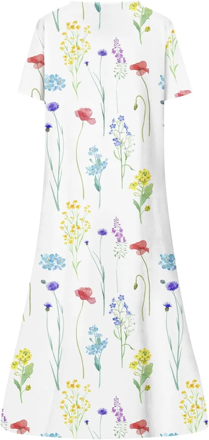 Womens Casual Printed Dresses V Neck Fashion Short Sleeve 2025 Sexy Swing Summer Dressy Daily Party Dress