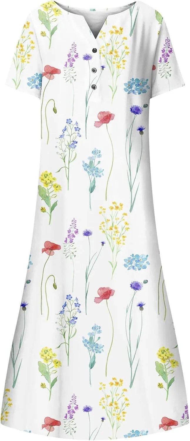 Womens Casual Printed Dresses V Neck Fashion Short Sleeve 2025 Sexy Swing Summer Dressy Daily Party Dress