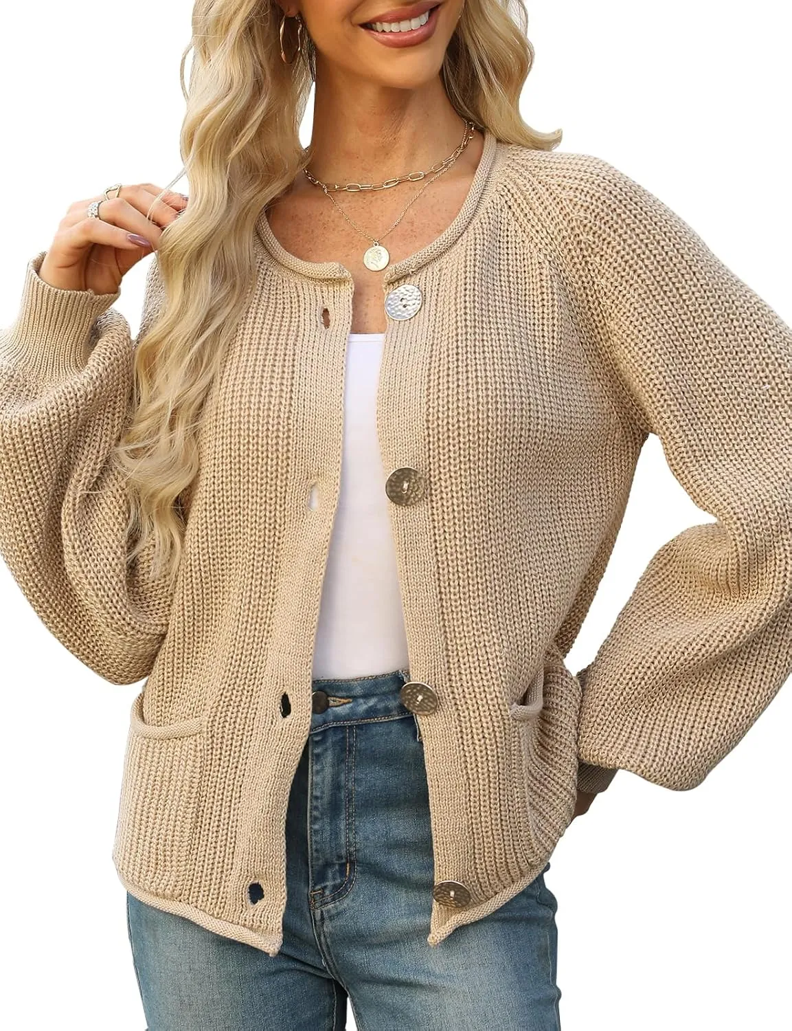 Women's Chunky Cardigan Button Down Open Front Sweater with Pockets Long Sleeve Outerwear Knitted Cardigan