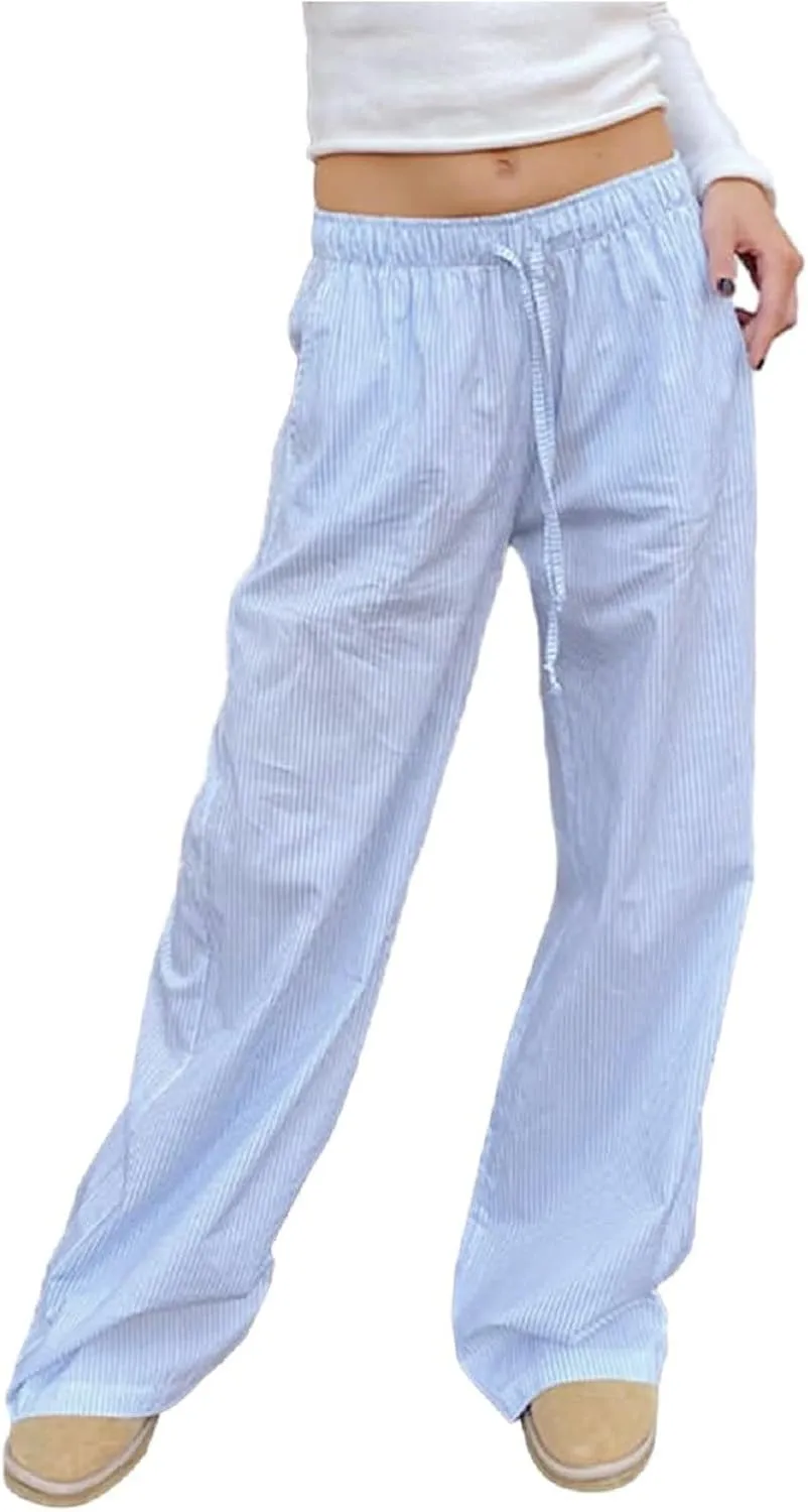 Women's Cotton Linen Summer Casual Palazzo Pants Elastic Waisted Wide Leg Plus Size Trousers Work Business