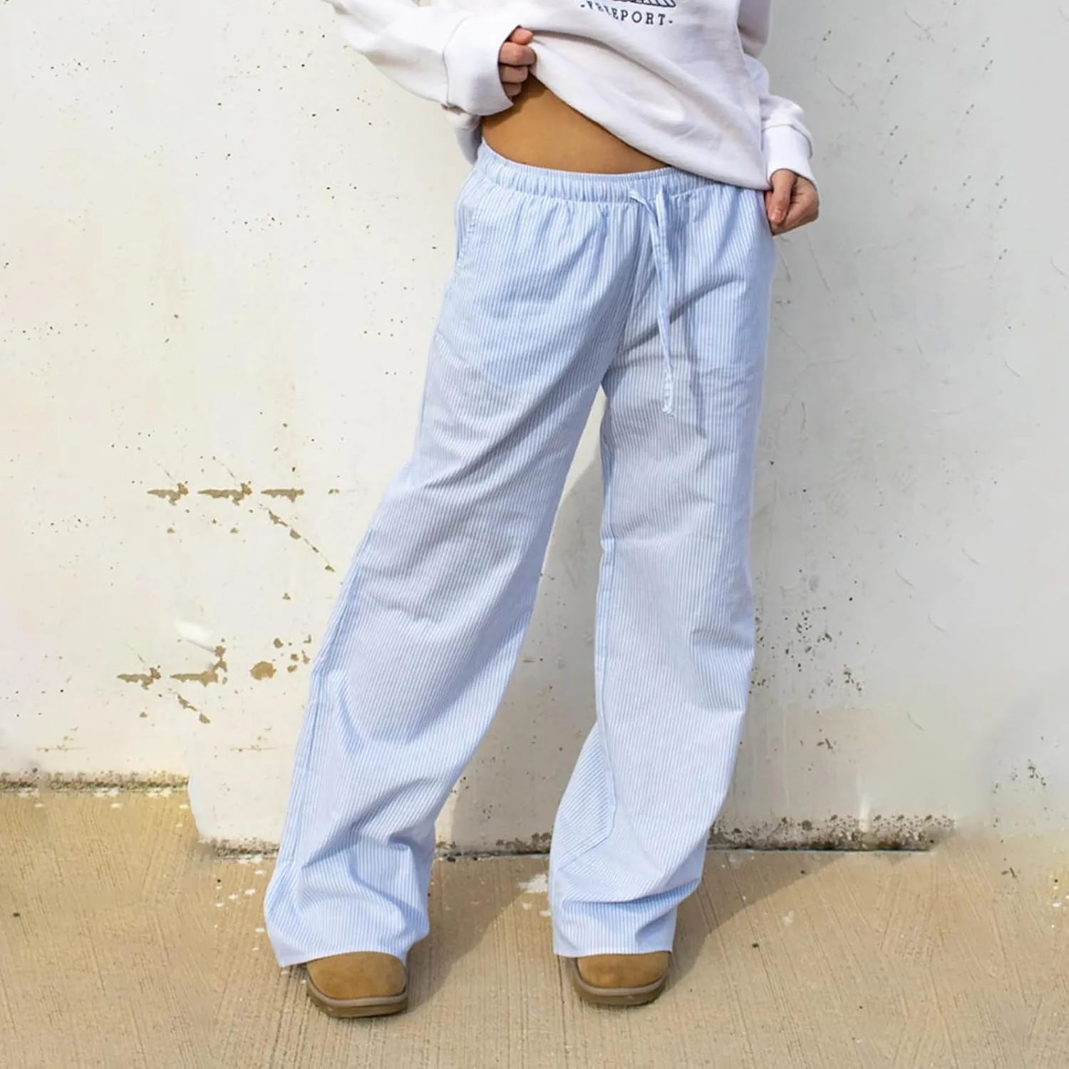 Women's Cotton Linen Summer Casual Palazzo Pants Elastic Waisted Wide Leg Plus Size Trousers Work Business