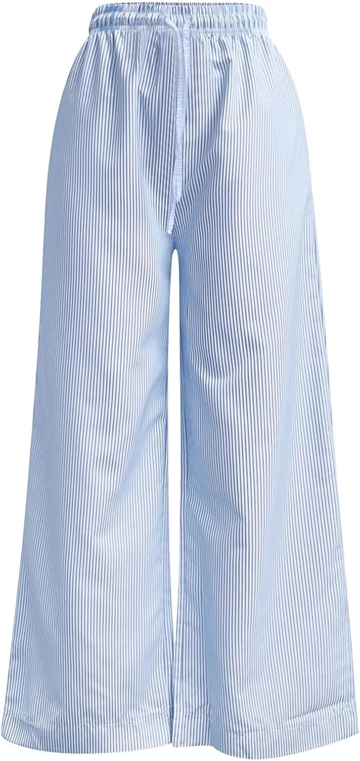 Women's Cotton Linen Summer Casual Palazzo Pants Elastic Waisted Wide Leg Plus Size Trousers Work Business
