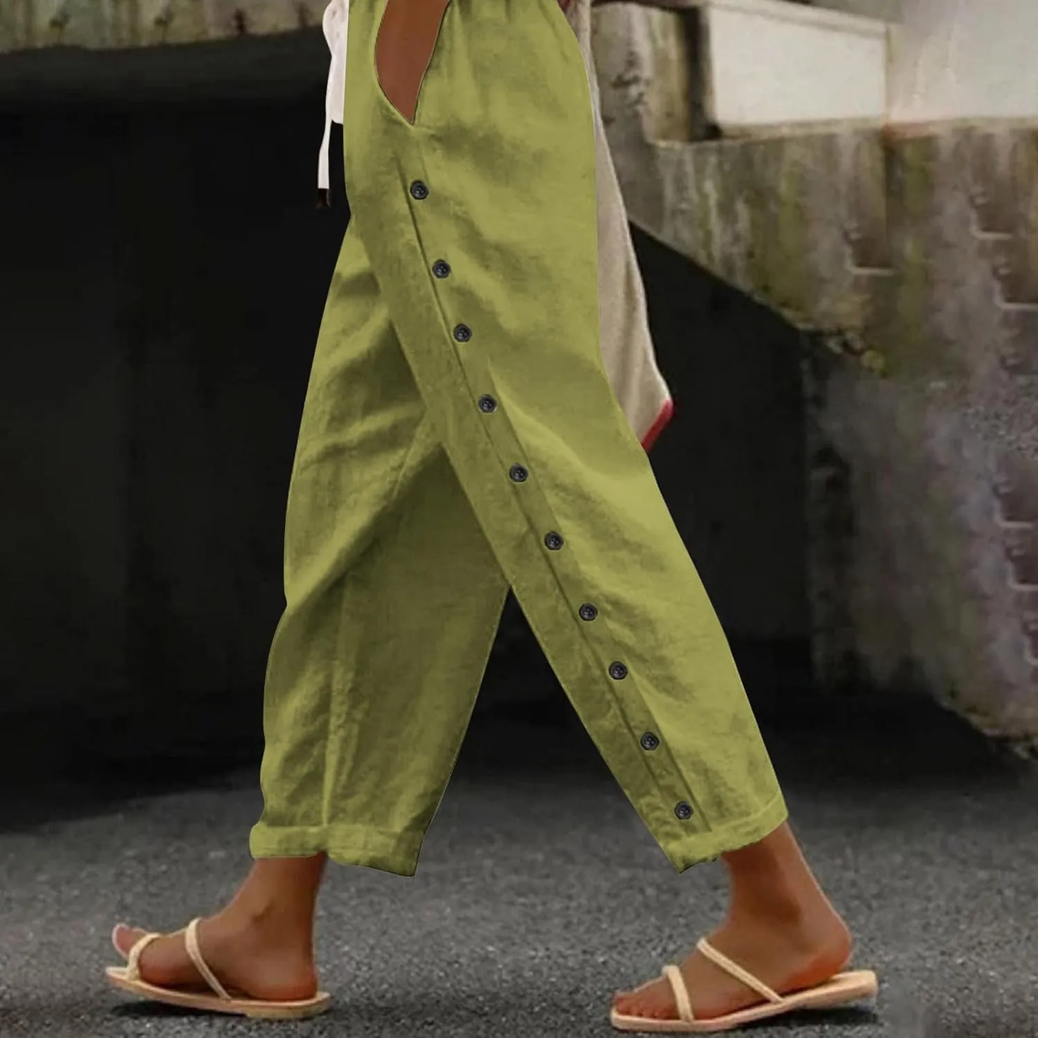Women's Cotton Linen Summer Casual Pant Trousers Elastic Waist Baggy Stretchy Plus Size Pant Trousers Office