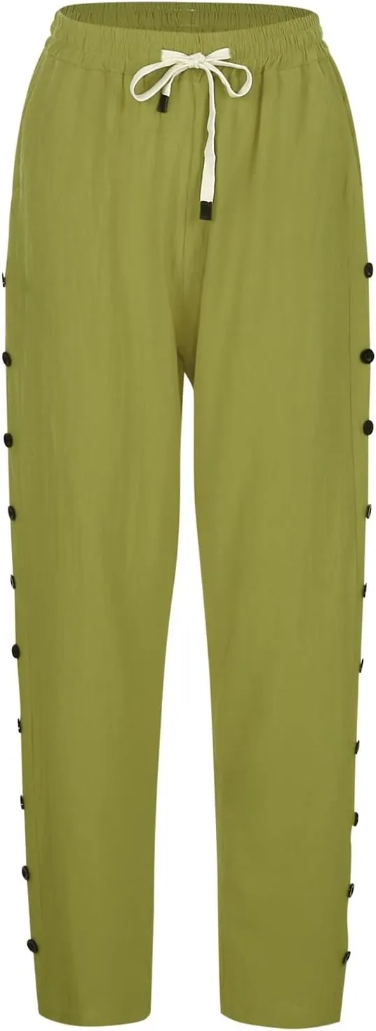 Women's Cotton Linen Summer Casual Pant Trousers Elastic Waist Baggy Stretchy Plus Size Pant Trousers Office