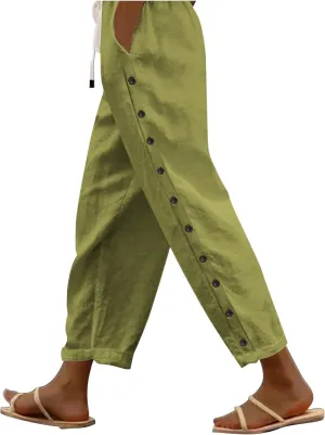 Women's Cotton Linen Summer Casual Pant Trousers Elastic Waist Baggy Stretchy Plus Size Pant Trousers Office
