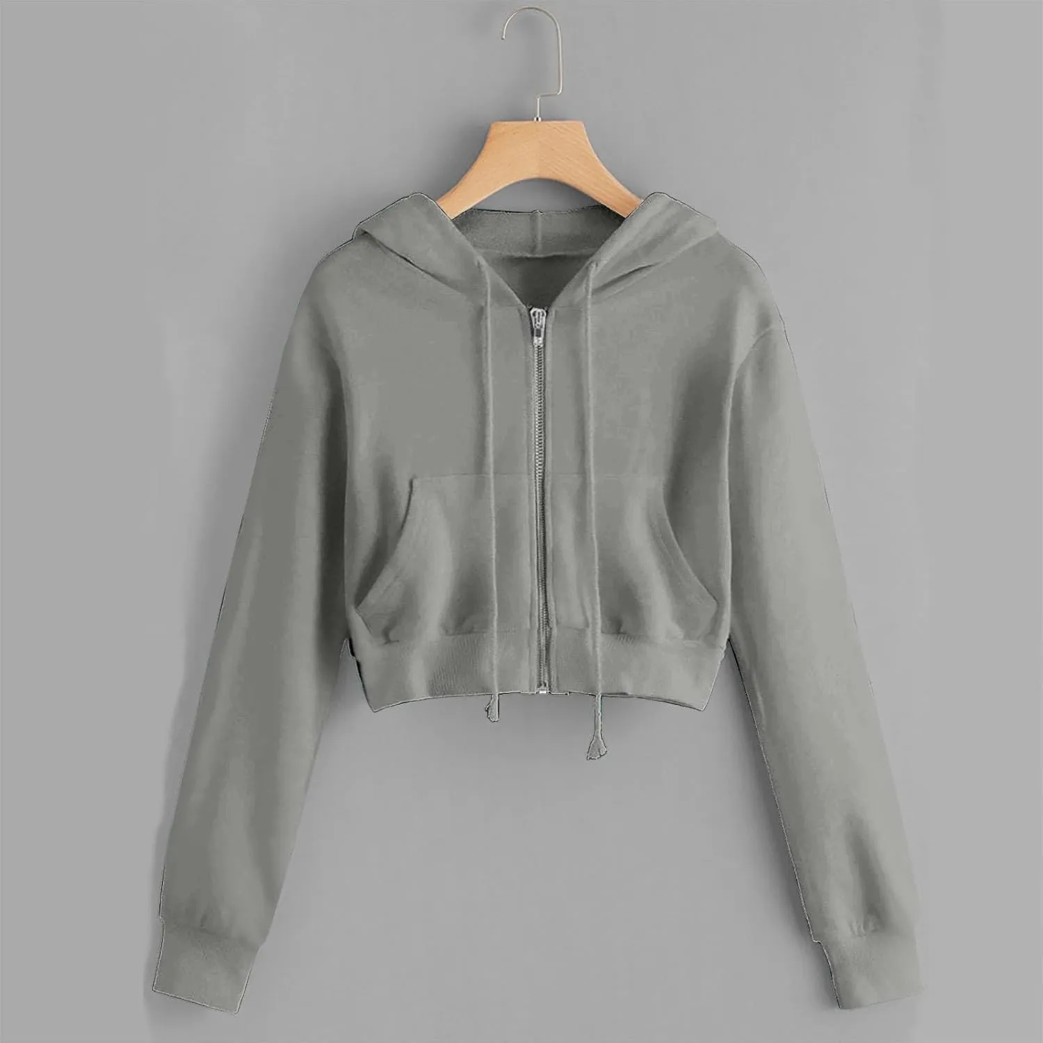 Women's Cropped Hoodie Long Sleeve Plain Lightweight Zip Up Hooded Sweatshirts Outwear Teens Tops with Pockets
