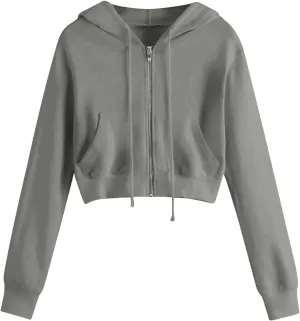 Women's Cropped Hoodie Long Sleeve Plain Lightweight Zip Up Hooded Sweatshirts Outwear Teens Tops with Pockets
