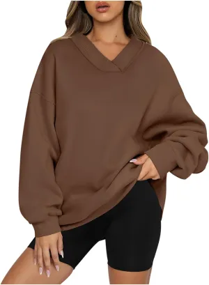 Women's Cute Oversized Hoodies,Casual V Neck Long Sleeve Fleece Sweatshirts Pullover Sweaters, Cute Basic Tops