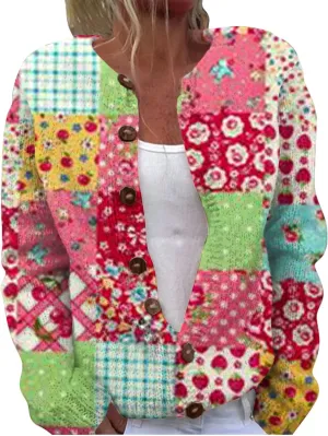 Women's Cute Pattern Printed Sweater Cardigan Long Sleeve Button Open Love Heart Knitted Sweater Outwear Coat