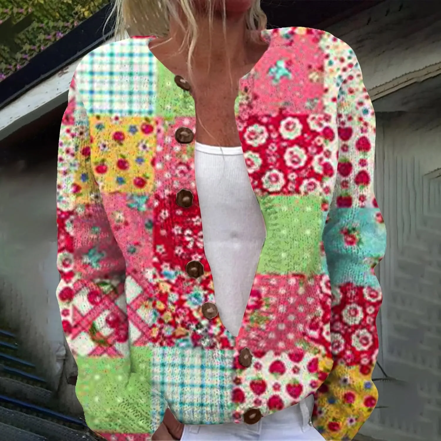 Women's Cute Pattern Printed Sweater Cardigan Long Sleeve Button Open Love Heart Knitted Sweater Outwear Coat
