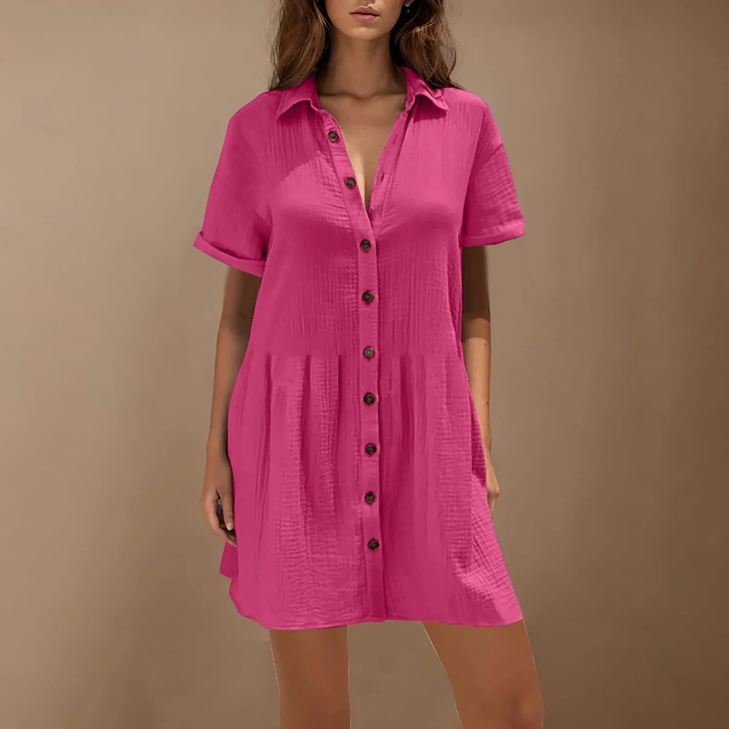 Womens Dresses 2025 Summer Button Down Cotton Linen Beach Mini Dress Casual Loose Fit Short Sleeve V Neck Shirt Dress