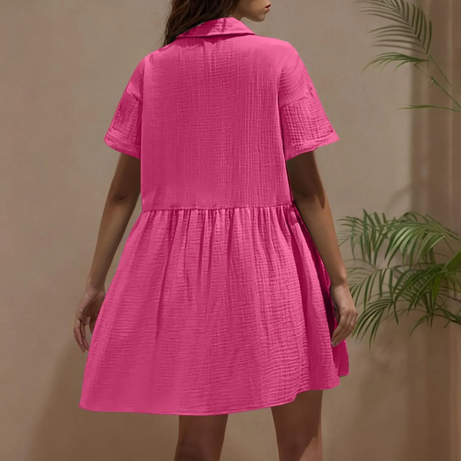Womens Dresses 2025 Summer Button Down Cotton Linen Beach Mini Dress Casual Loose Fit Short Sleeve V Neck Shirt Dress