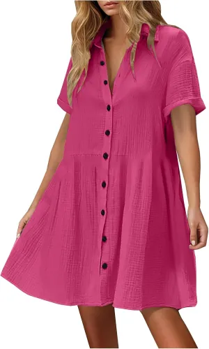 Womens Dresses 2025 Summer Button Down Cotton Linen Beach Mini Dress Casual Loose Fit Short Sleeve V Neck Shirt Dress