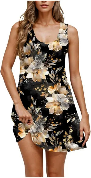 Womens Dresses Beach Casual Round Neck Sleeveless Floral Print Flowy Dress with Pockets 2025 Beach Mini Sundresses