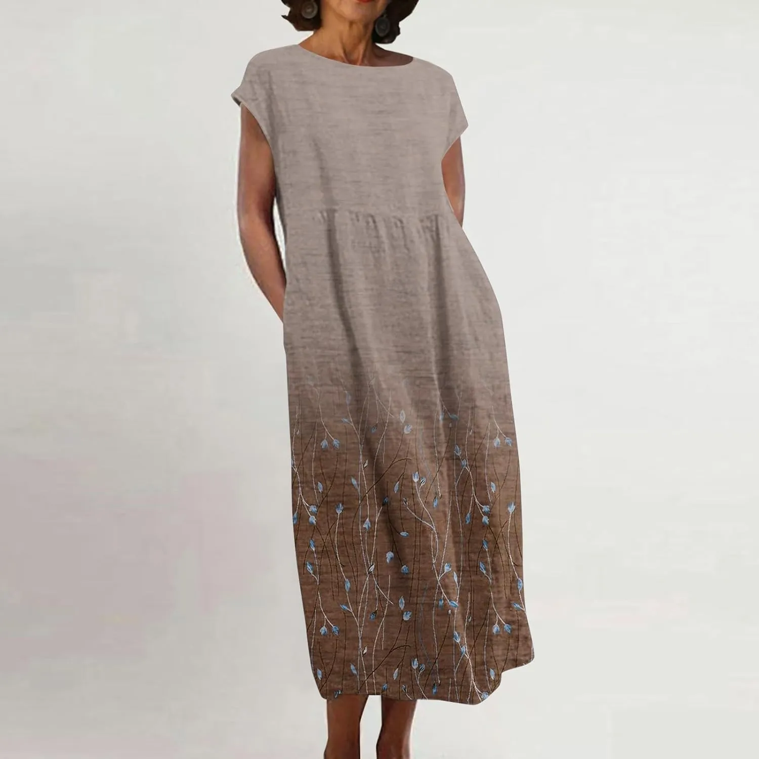Womens Dresses Gradient Print Round Neck Sleeveless Retro Cotton and Linen Long Skirt Dress Suspender Round Neck Dress