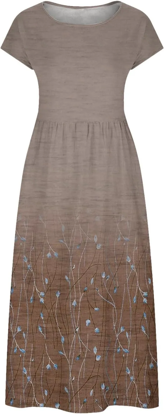 Womens Dresses Gradient Print Round Neck Sleeveless Retro Cotton and Linen Long Skirt Dress Suspender Round Neck Dress