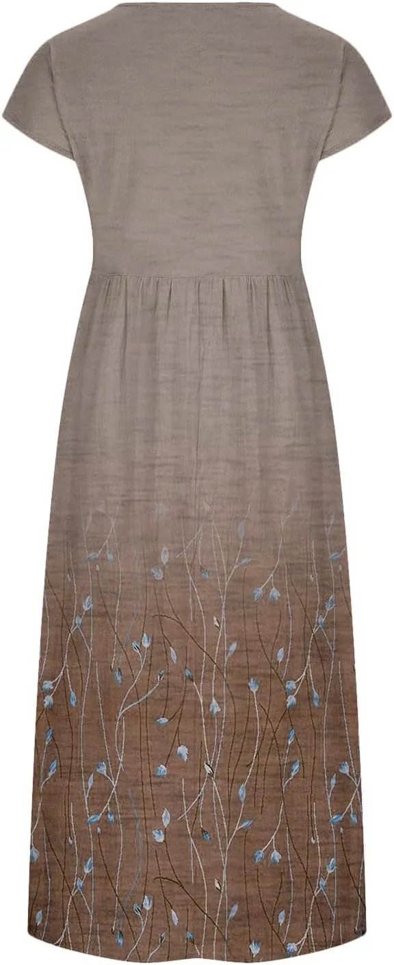 Womens Dresses Gradient Print Round Neck Sleeveless Retro Cotton and Linen Long Skirt Dress Suspender Round Neck Dress