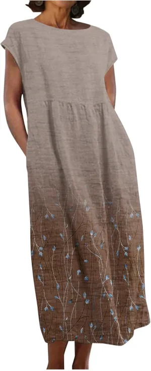 Womens Dresses Gradient Print Round Neck Sleeveless Retro Cotton and Linen Long Skirt Dress Suspender Round Neck Dress