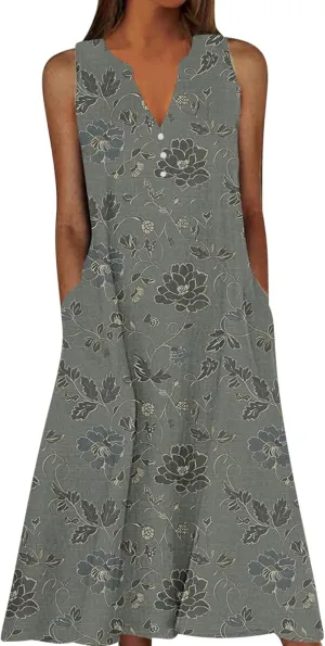 Women's Embossed Floral Printed Midi Dresses with Pockets Loose Button V Neck Summer Sleeveless A-Line Casual Plus Size Dress