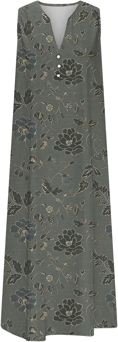 Women's Embossed Floral Printed Midi Dresses with Pockets Loose Button V Neck Summer Sleeveless A-Line Casual Plus Size Dress