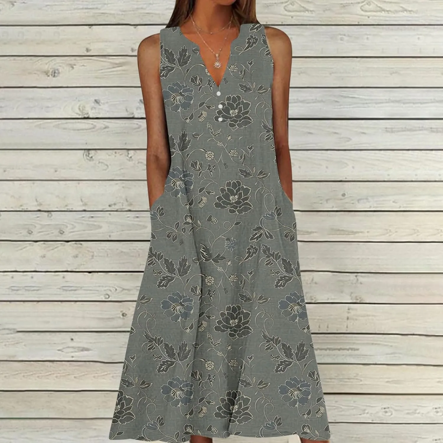 Women's Embossed Floral Printed Midi Dresses with Pockets Loose Button V Neck Summer Sleeveless A-Line Casual Plus Size Dress