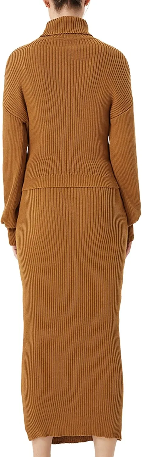 Women's Fall 2 Piece Sweater Set Rib Knit Long Sleeve High Neck Pullover Sweater Maxi Bodycon Skirt Outfit