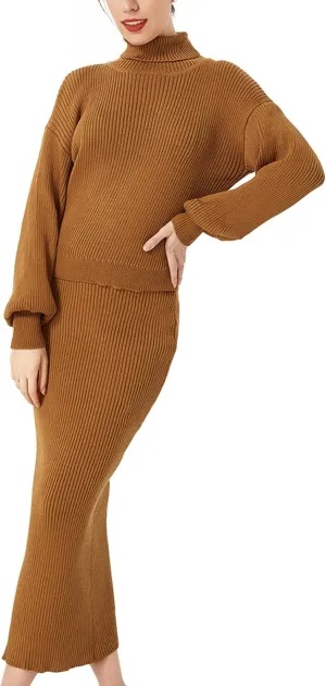 Women's Fall 2 Piece Sweater Set Rib Knit Long Sleeve High Neck Pullover Sweater Maxi Bodycon Skirt Outfit