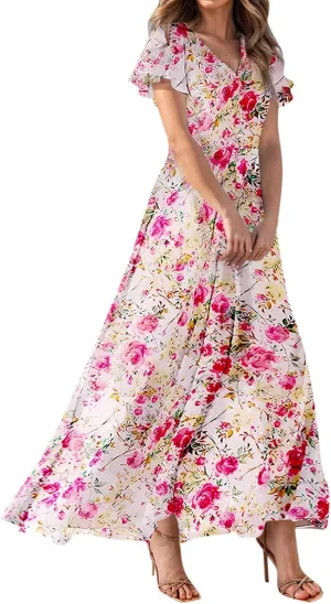 Women's Floral Print Chiffon Dress - Blue, Size S, Midi Length, Spring/Summer