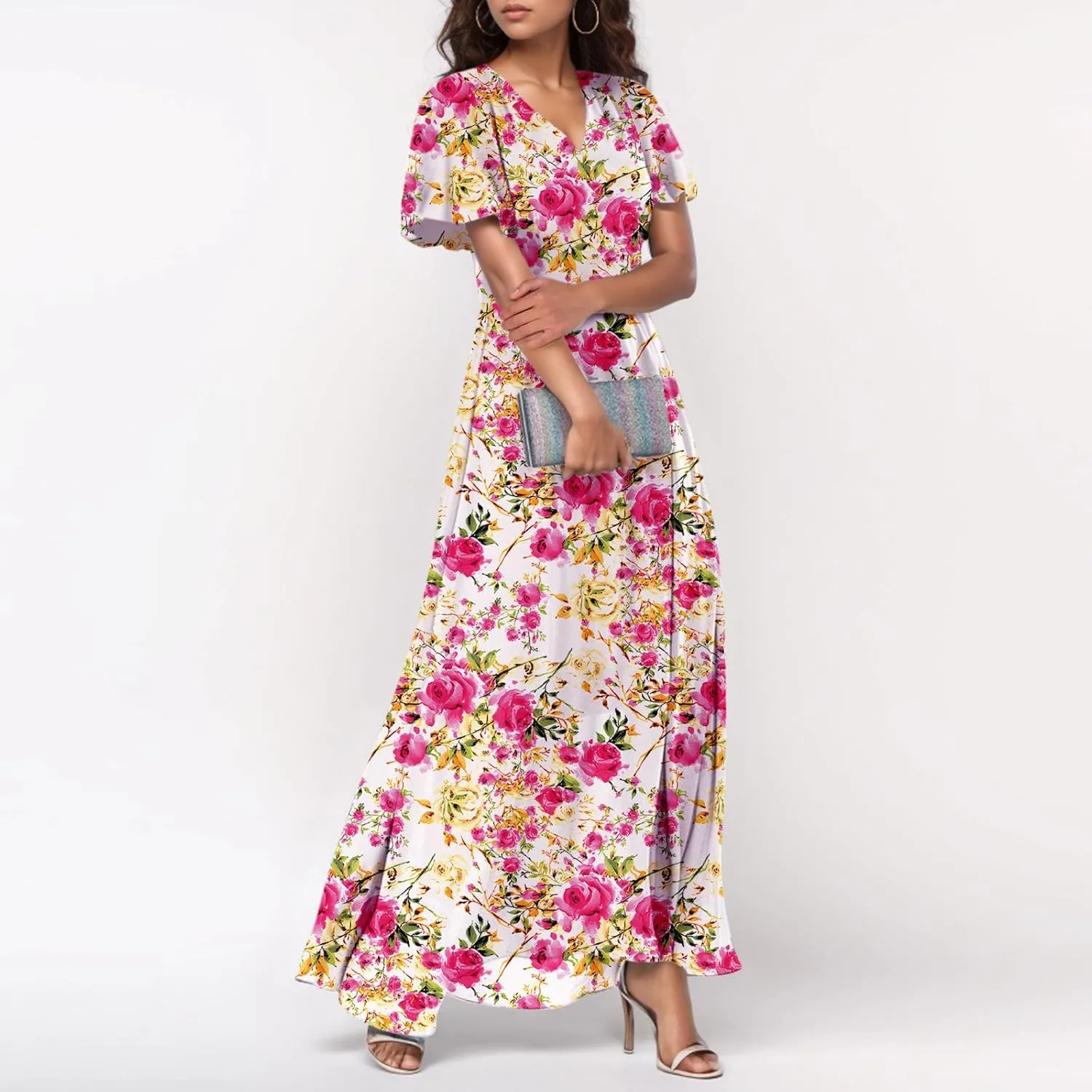 Women's Floral Print Chiffon Dress - Blue, Size S, Midi Length, Spring/Summer