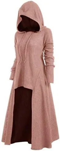 Womens Gothic Punk Hooded Sweater Dress Vintage Cloak Plus Size High Low Pullover Jacket Coat Fall Winter Outwear