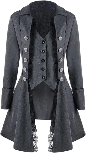 Women's Gothic Steampunk Trench Coats with Lace Trim Vampire Cosplay Costume Medieval Pirate Renaissance Jacket Coat