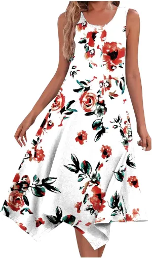 Women's Hankerchief Hem Maxi Tank Dresses Summer Sleeveless Crew Neck Sundress Casual Ruffle A-Line Boho Dress Long Dresses for Women White S