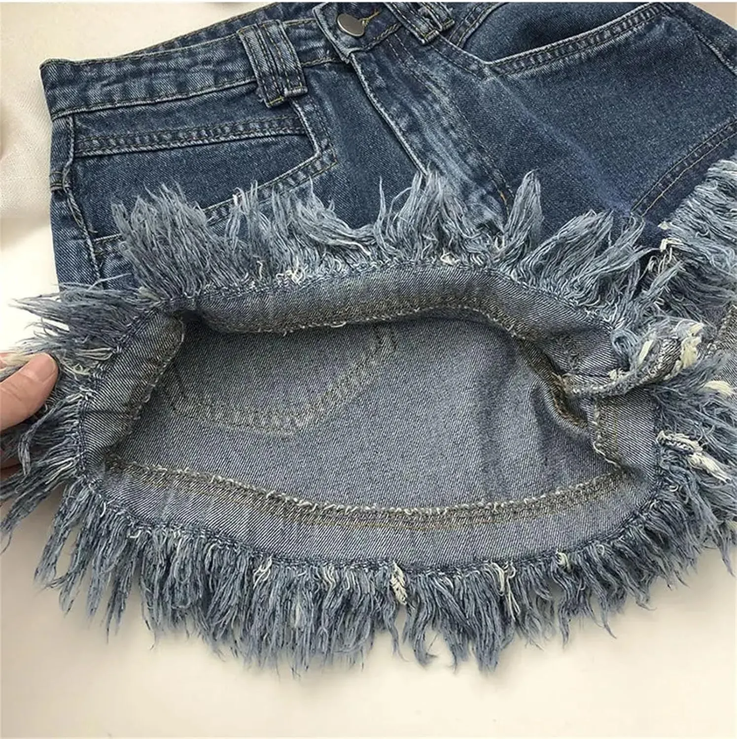 Women's High Waist Tassel Denim Shorts Ruffled Fringe Perforated Hot Pants