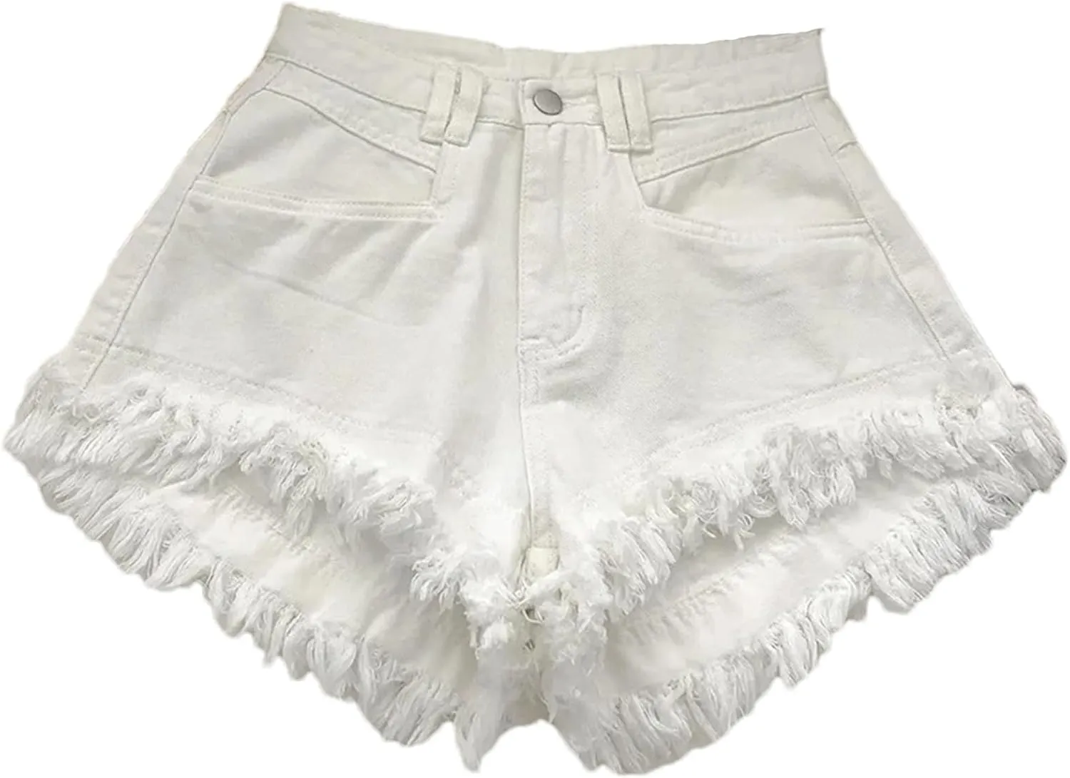 Women's High Waist Tassel Denim Shorts Ruffled Fringe Perforated Hot Pants