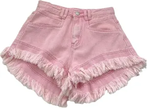 Women's High Waist Tassel Denim Shorts Ruffled Fringe Perforated Hot Pants