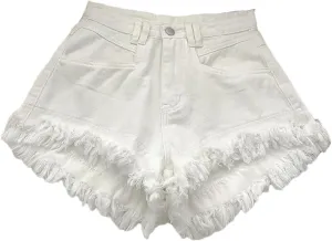 Women's High Waist Tassel Denim Shorts Ruffled Fringe Perforated Hot Pants