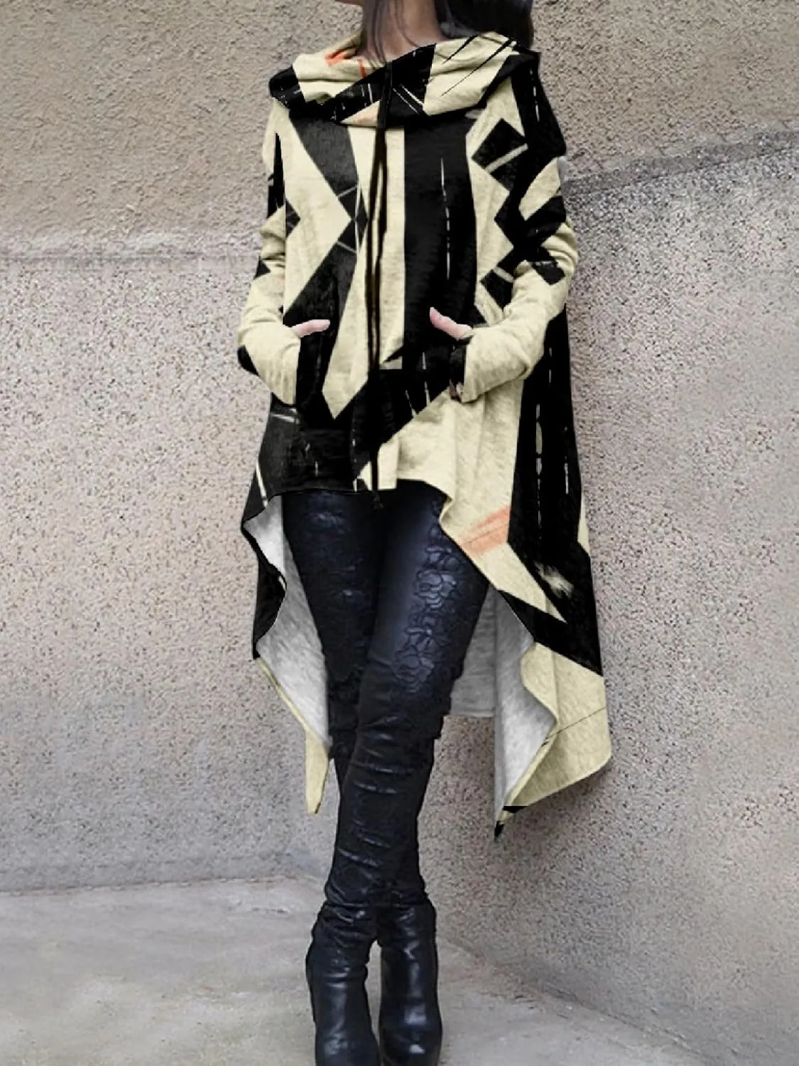 Womens Hoodies Cloak Oversized Aztec Fall High Low Pullover Robe Poncho Shirt Dress Hooded Sweatshirt with Pocket